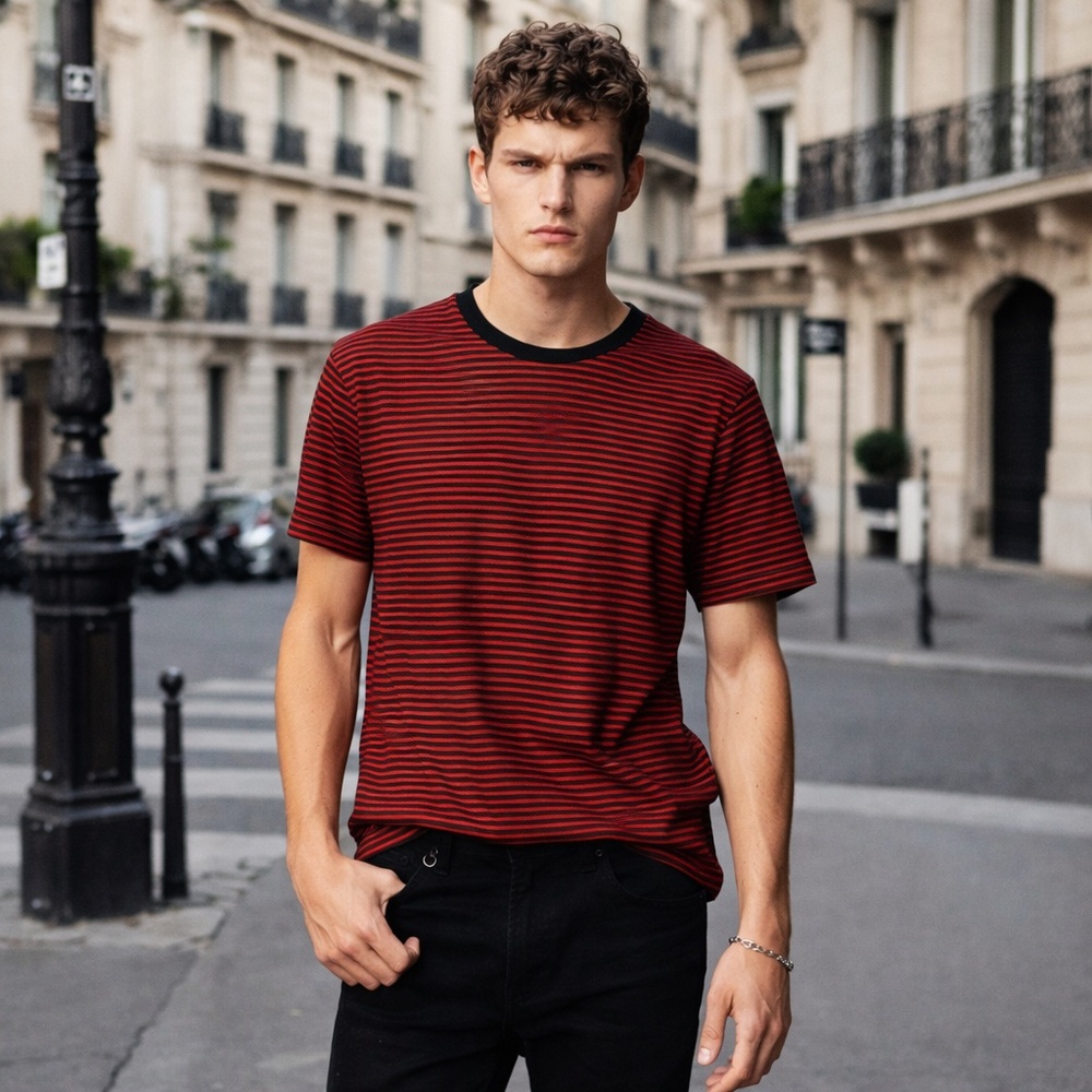 Zadig & Voltaire Red Black Stripe Linen Cotton T-Shirt Men XS NWOT